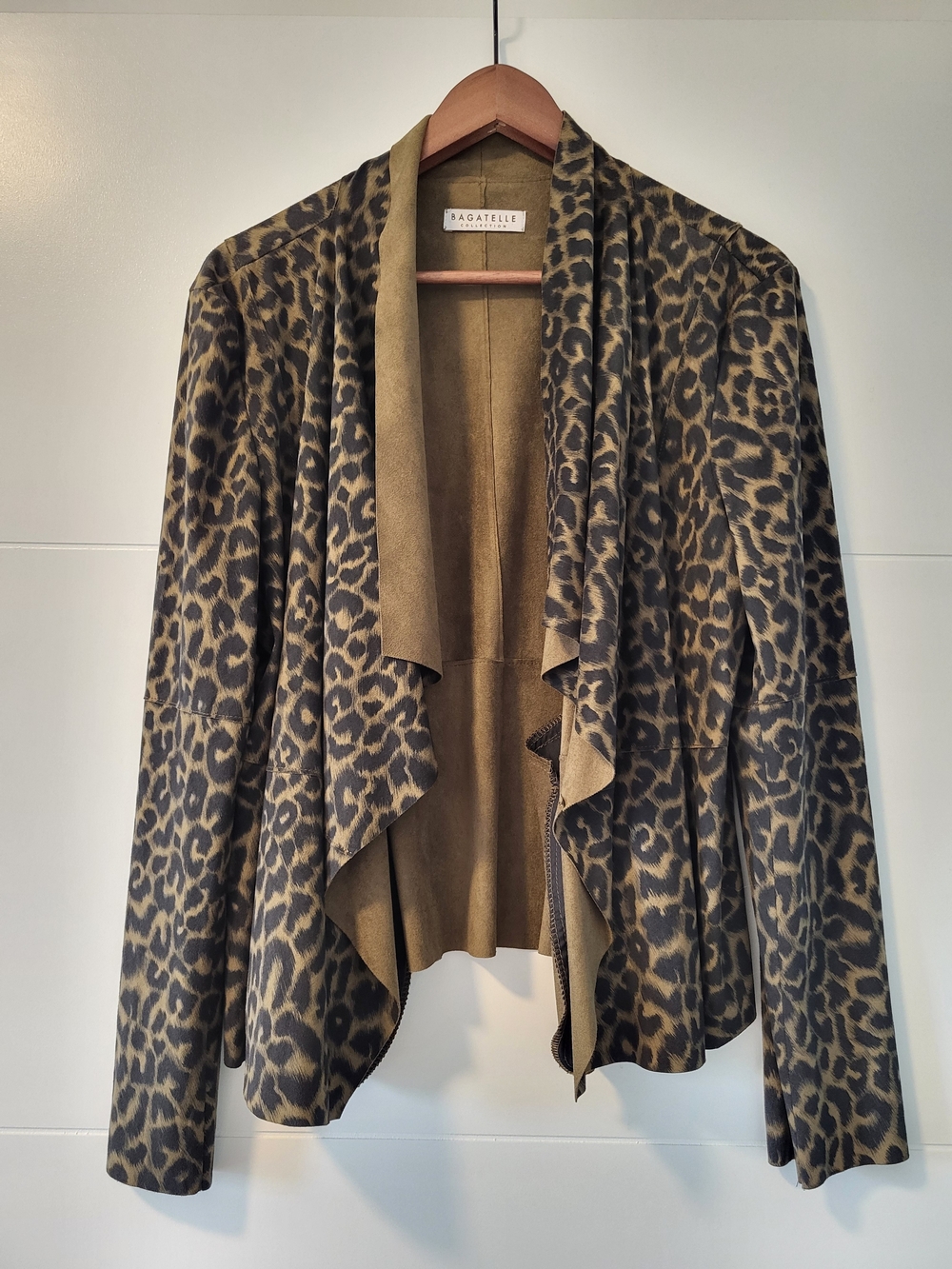 Bagatelle Leopard Print Draped Open Cardigan - Khaki/Black